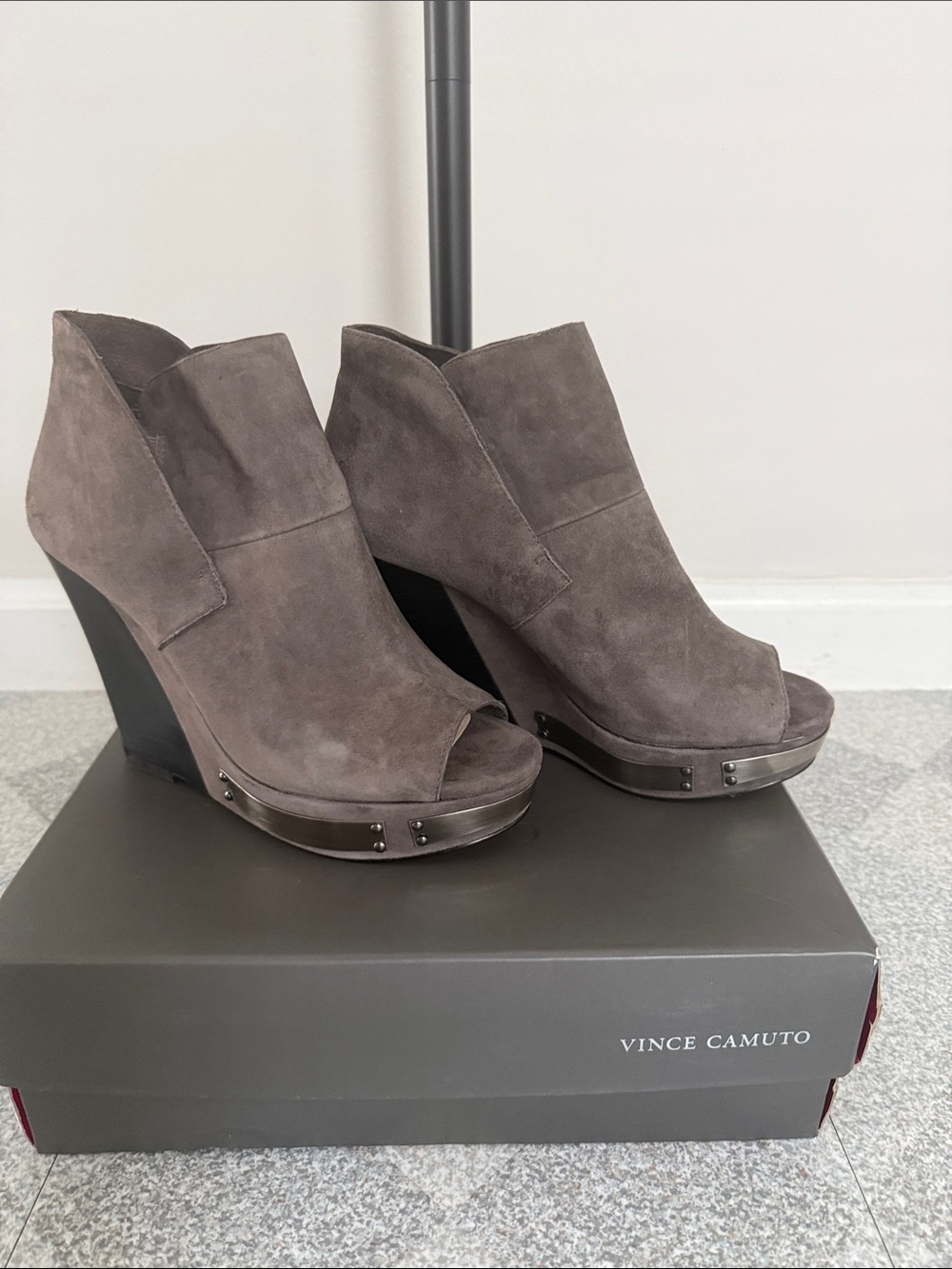 Vince Camuto Charcoal Suede Wedge Peep-Toe Booties